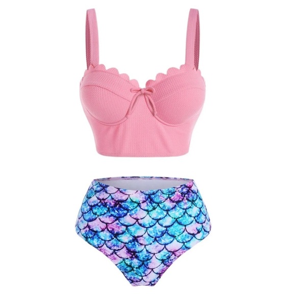 Mermaidcore ✦ Scalloped Tankini Bikini Set ✦ Pink Sweetheart Top + High-Waisted - Picture 3 of 15